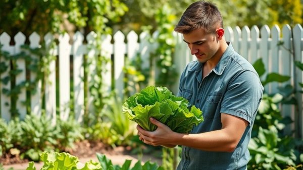 Man preparing lettuce in garden, highlighting hydration benefits