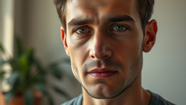 Neutral expression man indoors, avoid bad oils.