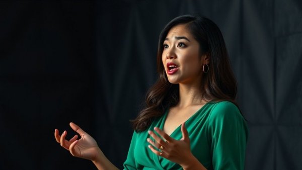 Woman discussing health topics, engaging conversation, textured background.