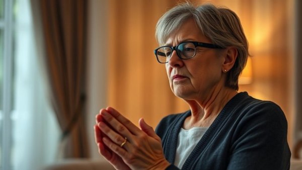 Middle-aged woman praying, highlighting protecting your peace mental health.