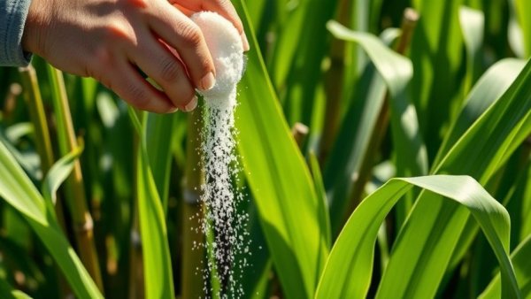 Close-up of sugar being poured over growing sugar cane, garden backdrop.
