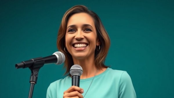 Bright and engaging woman presenting on health with a microphone.