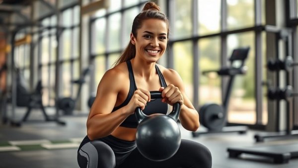 Young woman performing kettlebell squats in gym emphasizing shorter workouts for fitness progress.