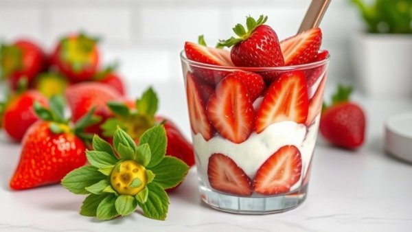 Vibrant strawberry yogurt parfait with granola and strawberries.