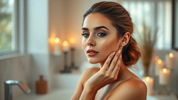 Woman exfoliating for smooth glowing skin in a chic bathroom.