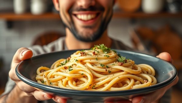 Delicious creamy white sauce pasta with herbs on a dark plate.