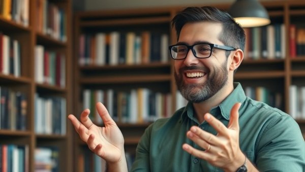 Smiling man explaining how to lower blood pressure naturally indoors.