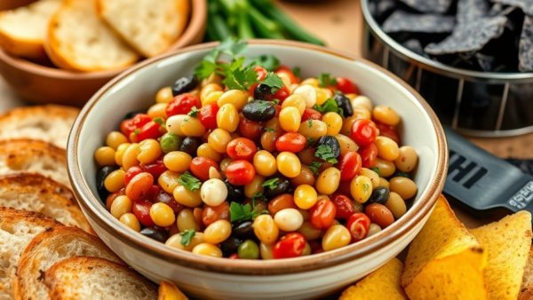 High-Protein Bean Salad in a bowl with bread and chips on the side.