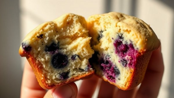 One Bowl Lemon Blueberry Muffin split open with juicy blueberries.