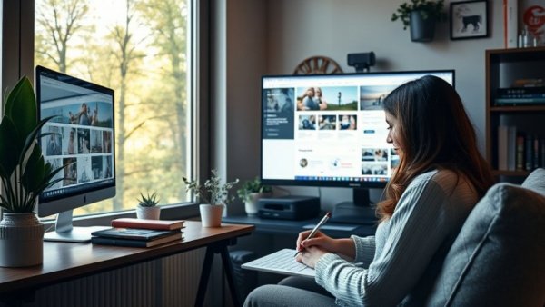 Cozy home office with warm lighting and creative workspace.