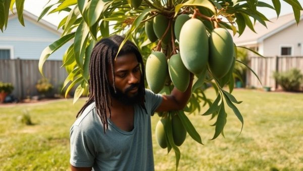 Man inspecting mango tree in garden, showcasing Jabez Mango Seeds.