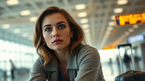 Young woman in airport feeling travel burnout with luggage.