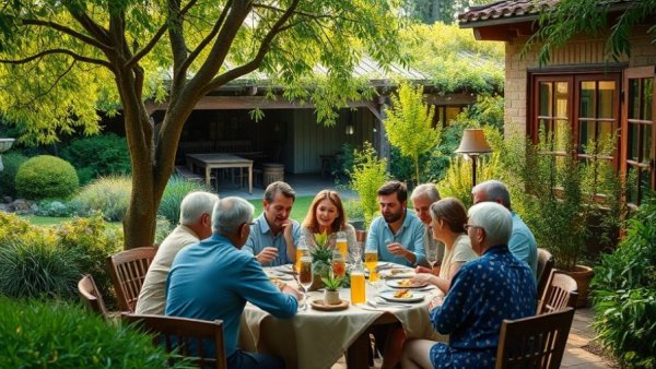 Group dining in garden setting for plant-based Easter recipes.