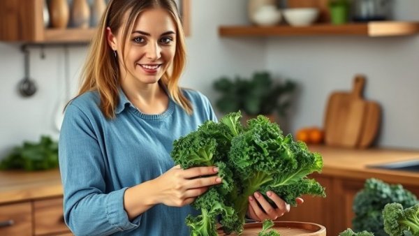 Woman preparing kale in a clean kitchen, highlighting healthy eating.