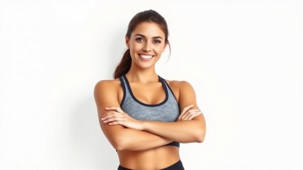 Confident woman in workout attire promoting a 20 minute full body dumbbell workout.