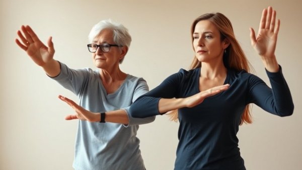 Women demonstrating balance exercises, focus on adults aged 55+.