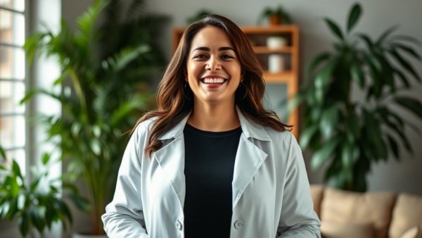 Confident woman sharing detox for weight loss success indoors.