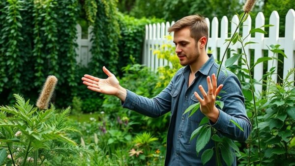 Man exploring kale and herb garden journey, gesturing energetically.