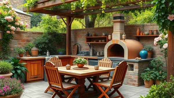 Rustic outdoor kitchen design with wooden dining set and pizza oven.