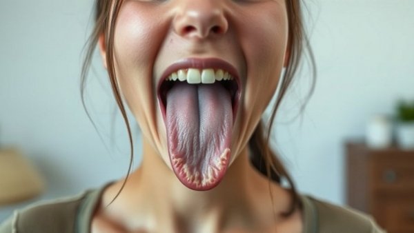 Woman with a coated tongue, symptoms of yeast overgrowth affecting gut health.