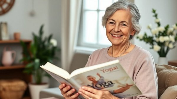 Two elderly women smiling and holding a yoga book in a cozy room.