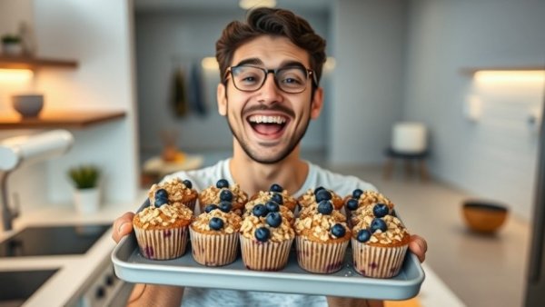 Person holding blueberry baked oatmeal cups in a kitchen, smiling.