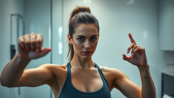 Fit woman demonstrating simple movement techniques in a bathroom.