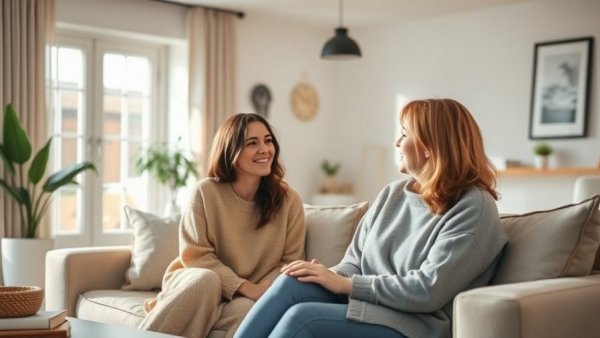 Two women discussing perimenopause symptoms management in a cozy living room.