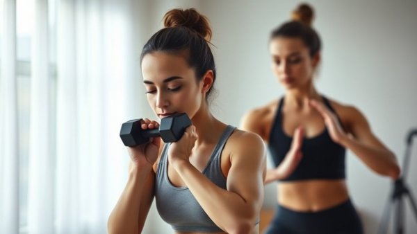 Woman practicing yoga with weights in a serene home setting.