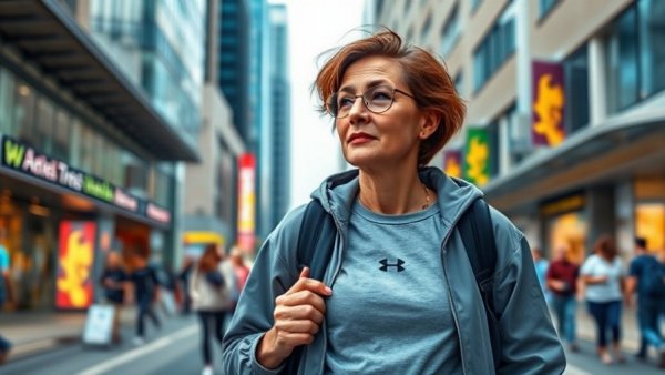 Middle-aged woman finding peace in city, exploring urban area.