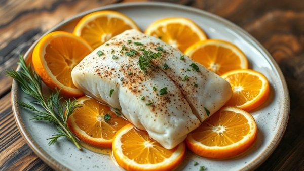 Cedar Plank Grilled Halibut beautifully plated with citrus and herbs.