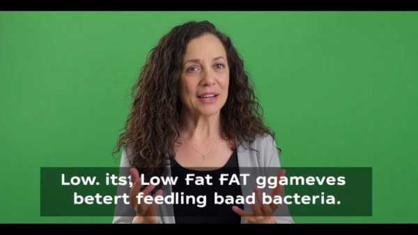 Middle-aged woman discussing daily diet feeding bad bacteria in video.