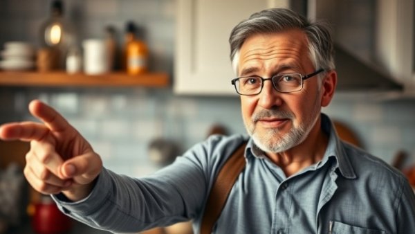 Man emphasizing heart health message in kitchen setting.