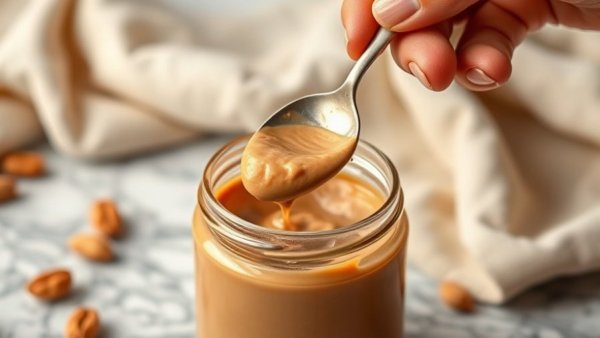 Pouring peanut butter from spoon into jar, close-up.