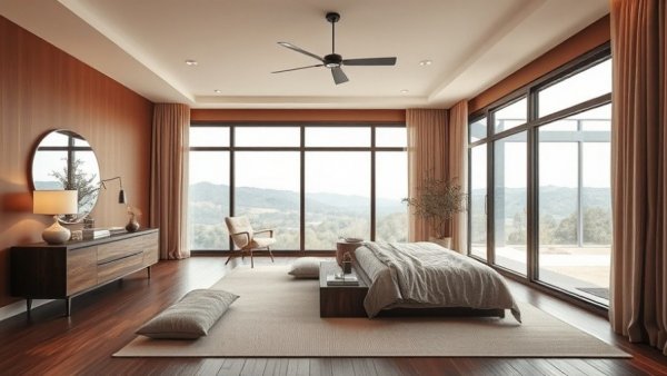 Cozy bedroom design showing tricks for a larger feel.