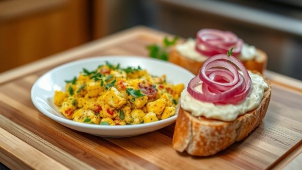 Delicious vegan egg substitute tofu scramble with toppings.