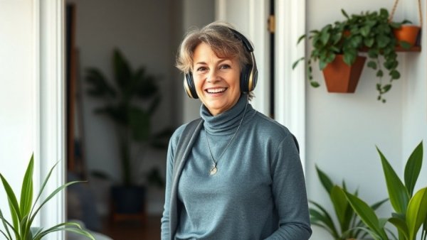 Mature woman embracing self-improvement at home.