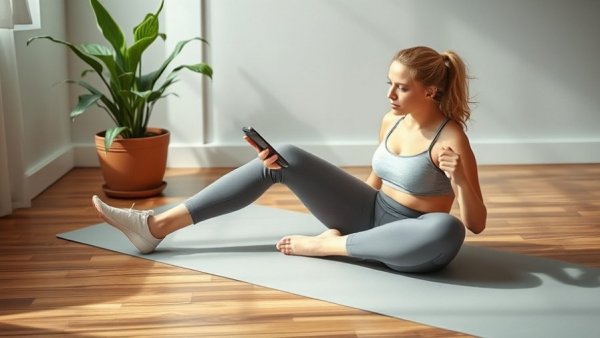 Woman on yoga mat using smartphone, a simple habit for health
