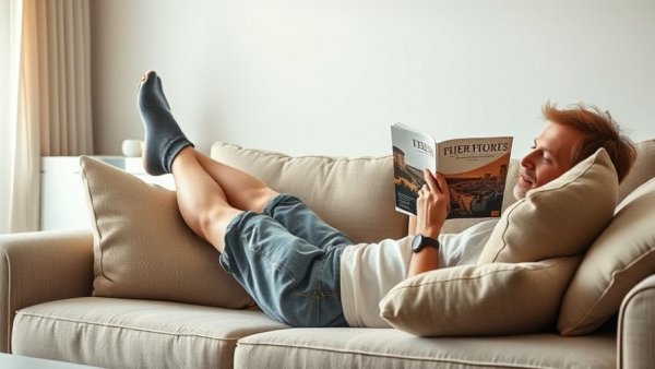Relaxed person reading on sofa, Spring Nervous System Reset scene.