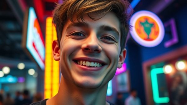 Young man smiling indoors with colorful background promoting Try Natural Toothpaste.