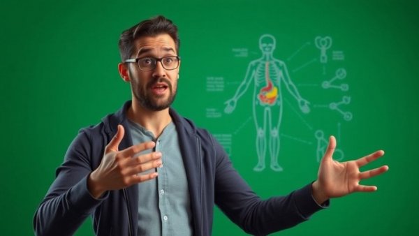 Health discussion with anatomy illustration on green background.