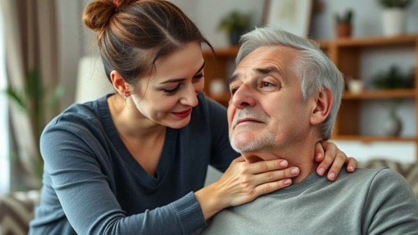 Woman helping man with neck exercises for pain relief, home setting.