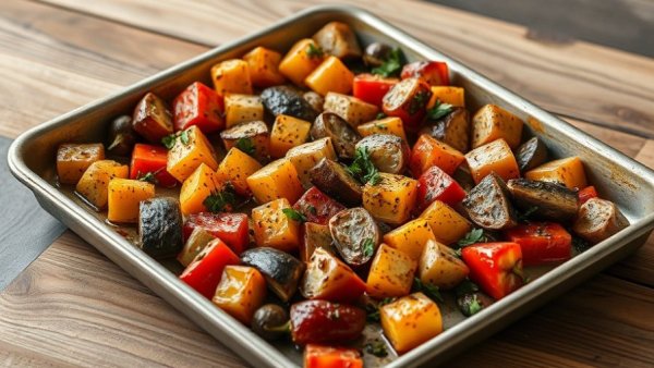 Easy sheet pan recipes with roasted vegetables on a plate, natural setting.