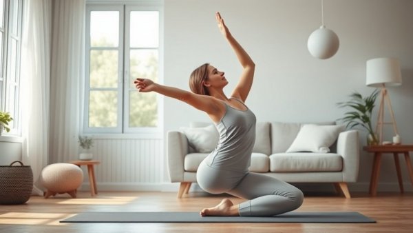 Woman practicing yoga indoors highlighting morning yoga benefits.