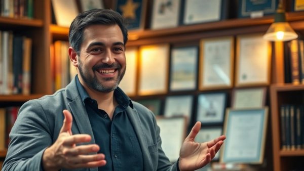Smiling man discussing medical errors in a library with certificates.