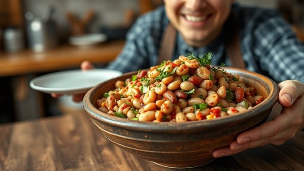 Cajun bean salad recipe served in a bowl with a smiling cook.