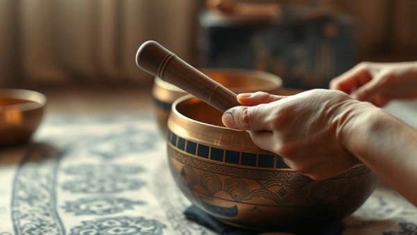 Sound bath session with singing bowls and mallet.