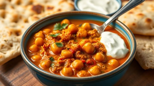 No-coconut chickpea curry with naan and yogurt, vibrant and creamy.