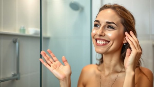 Woman demonstrating facial tightening exercises in a modern bathroom.