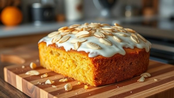 Orange almond cake with sliced almonds on wooden board.